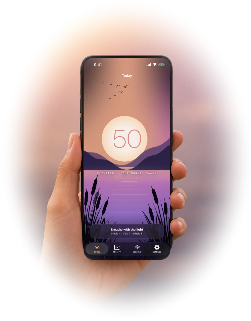 Slowpulse on an iPhone held in one hand: a stress score of 50 over a dawn sky, marked elevated against a normal range of 56 to 60.
